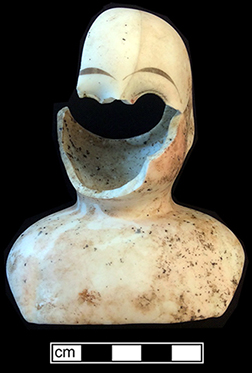 Molded and painted bisque porcelain doll head and shoulders. 18BC80