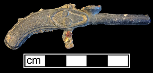 Cast iron and white metal toy cap pistol, unmarked. Example shown on bottom from a private collection. 18BC80