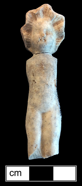 Bisque porcelain bonneted doll is missing her moveable arms, from 18PR983. Similar example on right from private collection.