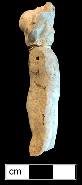 Bisque porcelain bonneted doll is missing her moveable arms, from 18PR983. Similar example on right from private collection.