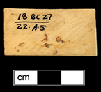 Ivory Domino. 1.5" x .75" - from 18BC27. The game of dominoes  originated in China and made its way to Italy in the early 18th century. Game pieces were often made of ivory and ebony (The Strong). 
