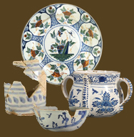 Examples of several vessels of tin-glazed earthenware, all but small bowl at bottom are from a private collection.