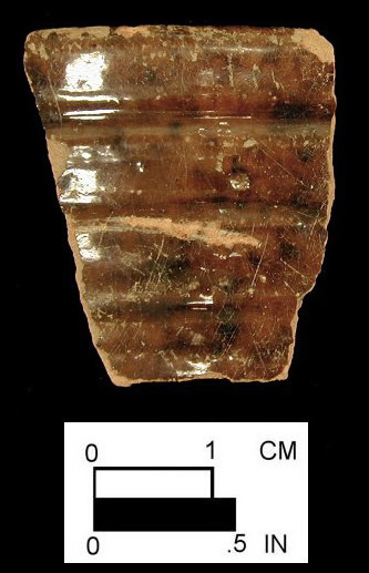 Red border ware mug as identified by Jacqueline Pearce 1999, with glazed interior and exterior with pinkish red paste, 3" diameter, interior on left and exterior right, from Melon Field Site 18CV169 /214. 