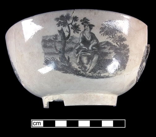 Creamware printed punchbowl. Rim diameter: 5.00&rdquo;. Lot: 5, Provenience: 1G.454.7, Privy Stratum 2. 18BC38
