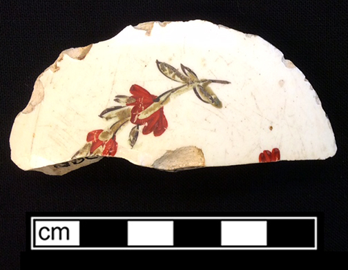 Creamware teapot lid, painted overglaze. Rim diameter: 2.75&rdquo;, Lot: 35C 229-1.