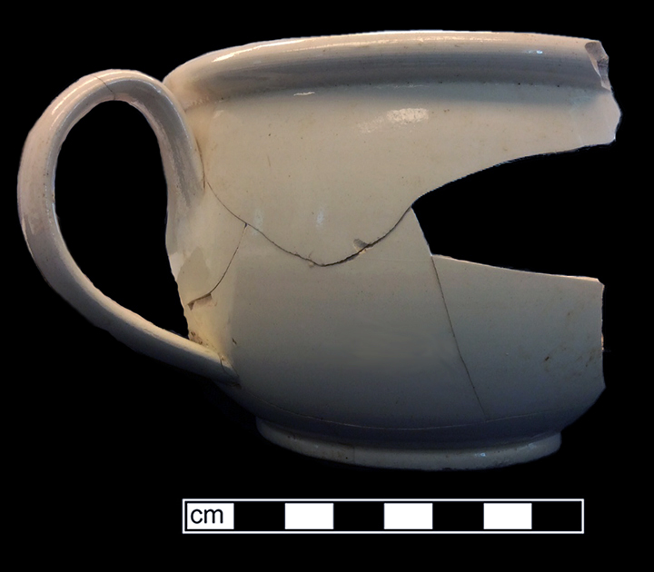 Creamware chamberpot, undecorated. Rim diameter: 6.50&rdquo;, Vessel height: 4.00&rdquo;. Lot: 47F 345-9. 18BC50
