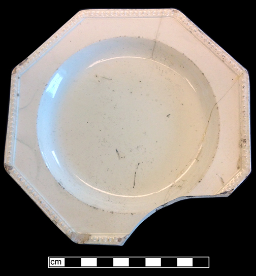Creamware octagonal plate with molded rim. Rim diameter: 6.00&rdquo;. Lot: 191-26. 18BC66.