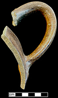 English brown salt glaze stoneware handle to hollow vessel (bottle or jug). Probable rat tail handle terminal from 18CV60.