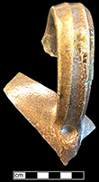 English brown salt glaze stoneware handle to hollow vessel (bottle or jug). Probable rat tail handle terminal from 18CV60.