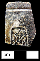 Two Williams Rogers stoneware mugs with rectangular excise stamps, and one English Brown stoneware mug with oval excise stamp. Excavations at Rogers&rsquo; kiln sites have found the rectangular cartouche to be a hallmark of his stoneware vessels (Watkins and Noel Hume 1967:92).