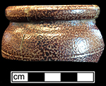English brown salt glaze stoneware straight sided storage jar with iron oxide slip.  Rolled rim. Rim diameter: 3.5&rdquo; from 18CV60. 