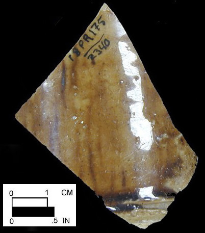 Manganese Mottled mug body sherd with cordoning visible on exterior, from Oxon Hill site 18PR175, vessel #256.  Area I Well (ca. 1710 - ca. 1750.