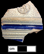 Gray-bodied salt glazed stoneware straight-sided tankard  with stamped AR excise mark.  This mark stand for British monarch Queen Anne (1702-1714). Cordoned rim, from 18CV60. Vessel date 1702-1714.