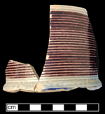 Gray-bodied salt glazed stoneware mug or jug with concentric rilling with manganese and cobalt-blue painted decoration under the glaze.   4.5” rim diameter from 18CV60 Angelica Knoll.