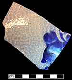 Gray-bodied salt glaze stoneware unidentified hollow vessel with engraved (incised) foliage motifs and cobalt-blue painted decoration under the glaze, from 18CV60. 