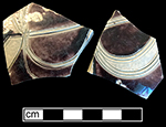 Gray-bodied salt glazed stoneware hollow (mug or jug) with engraved foliage outlined in manganese under the glaze from 18CV60 Angelica Knoll. 