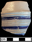 Gray-bodied salt glazed stoneware straight-sided tankard  with cordoned rim.  Painted under the glaze in cobalt-blue.  2.75&rdquo; rim diameter, from 18CV60.