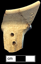 Blue on gray stoneware jug with lug holes for a pewter or brass lid.  The incised &ldquo;3&rdquo; is an indication that this vessel held two quarts of liquid (Noel Hume 2001:103).  5&rdquo; rim diameter, from 18WA20 Fort Frederick.
