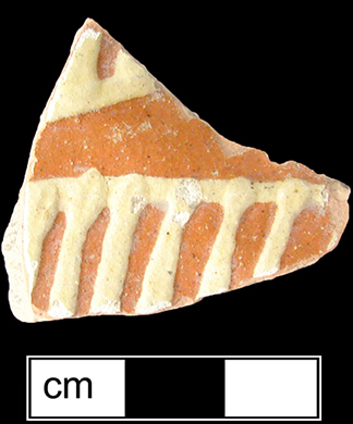 North Midlands reverse slip decorated flat vessels of indeterminate form. Interior of vessel covered with red slip with white slip trailed decoration applied over red slip. Glazed interiors, unglazed exteriors - Collected by George L. Miller in 1986 in Staffordshire, England.