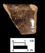 Red border ware mug as identified by Jacqueline Pearce 1999, with glazed interior and exterior with pinkish red paste, 3" diameter, interior on left and exterior right, from Melon Filed Site 18CV169 /214-B. 