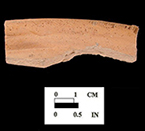 Glazed interior (top) and unglazed exterior (bottom) rim sherd of yellow border ware pan, Pale pink paste, 12" diameter.