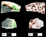 Top:  Possible teapot base. This vessel has a clouded pattern on the interior (left) and a tortoiseshell pattern on its exterior (right) - collected by George L. Miller in 1986 in Staffordshire, England.