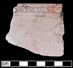 Glazed and unglazed examples with Diamond beaded border (Cox 2005). The glazed example (left) is a plate and the unglazed example (right) is a dish (platter).