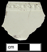 Glazed and unglazed examples with Diamond beaded border (Cox 2005). The glazed example (left) is a plate and the unglazed example (right) is a dish (platter).