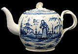 Creamware teapot, painted with blue underglaze Chinoiserie motif.&nbsp;Dated 1777, from Private Collection.