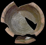 North Devon gravel tempered pan, lead glazed interior, unglazed exterior-QV22.