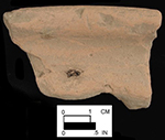 North Devon gravel-free coarse earthenware hollow vessel. Lead glazed interior (left); unglazed exterior (right), vessel diameter approximately 9&rdquo; rim diameter. Square 2756.