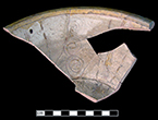 North Devon sgraffito bowl with geometric motifs.  Similar examples from a 1670-1680 context at Jamestown, Virginia, contained a single horizontal loop handle on the rim (Outlaw 200232). 9” rim diameter.  Vessel height 2.75”. Lots 2, 8, 60, 76, 93.