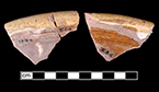 North Devon Sgraffito dish. White slip over red earthenware body, with lead glazed interior.  Incised repeating sine wave motif.  9&rdquo; rim diameter. Lots 2, 8, 93.