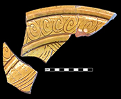 North Devon sgraffito dish with incised repeating spiral (curlicue) motif along rim. Similar to Vessel 26 depicted in Grant (1983), from a context of circa 1665 and to examples from a circa 1670-1680 context at Jamestown, Virginia - Lots 240, 243, 245. Image courtesy of Naval Air Station Patuxent River, Naval District Washington DC. 