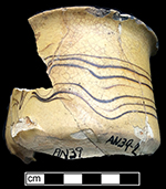 North Midlands slipped earthenware handled cup/mug with brown slip on white slip ground. Rim diameter: 3.50&rdquo; Height:  Approximately 3.00&rdquo;, from 18AN39. 