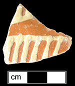 North Midlands reverse slip decorated flat vessels of indeterminate form. Interior of vessel covered with red slip with white slip trailed decoration applied over red slip. Glazed interiors, unglazed exteriors - Collected by George L. Miller in 1986 in Staffordshire, England.