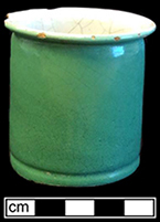 Nineteenth-century French ointment pot with white tin glazed interior and green tin glazed exterior.  Stencilled initials D. R. on base. Rim diameter: 2.5”; Base diameter: 2.25”; Vessel height: 2.5” - from 18BC33.