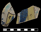 Charger painted in polychrome with royal figure, possibly King William III (see photo below).  The fragments depict portions of the figure’s leg and ermine cape - Royal portraits remained popular for long periods of time (mid 17th thought late 18th century), but entire pieces are easily dated because the figures are identifiable. This piece is almost identical to one of William III, circa 1690, illustrated in Britton (1982:63).