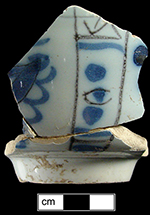 Common or Chinese shape cup with broad panels or medallions painted with designs. Peak of popularity 1720s-1730s.