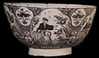 Polychrome decorated body sherds. Bowl (second from right) decorated in blue, red, yellow and green in Chinoiserie floral motif. See similar complete bowl on far right from a private collection.
