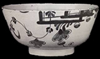 Example of a complete bowl with the use of bracket fencing  (the thick blue lines just above the leaf) as a design element seems to occur most frequently in 1750s and 1760s - private collection.