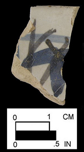 Polychrome painted rim sherd (left) and body sherds, (center) Patuxent Point, 18CV271, square 1616, Melon Field, 18CV169/229 (right).