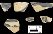 Polychrome painted rim sherd (left) and body sherds, (center) Patuxent Point, 18CV271, square 1616, Melon Field, 18CV169/229 (right).