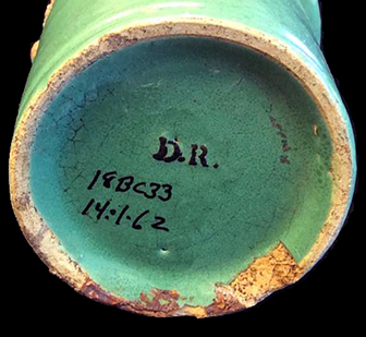 Nineteenth-century French ointment pot with white tin glazed interior and green tin glazed exterior.  Stencilled initials D. R. on base. Rim diameter: 2.5&rdquo;; Base diameter: 2.25&rdquo;; Vessel height: 2.5&rdquo; - from 18BC33.