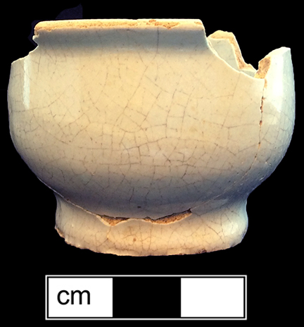 Tin glazed earthenware ointment pot. Rim diameter: 3.00&rdquo;Base diameter:  1.80&rdquo;; Vessel height:  1.75&rdquo; - from 18QU124.