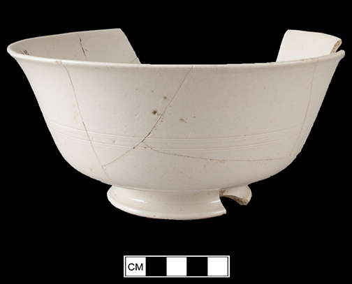 Wheel thrown mug with bands of rustification, recovered from South Grove Midden at Mount Vernon.  Photo courtesy of Karen Price, Mount Vernon Preservation.&nbsp;  