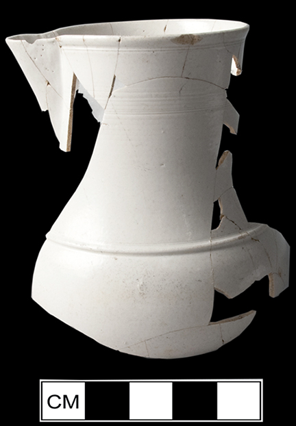 Wheel thrown mug with bands of rustification, recovered from South Grove Midden at Mount Vernon.  Photo courtesy of Karen Price, Mount Vernon Preservation.&nbsp;  