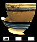 Pearlware London shape bowl banded in grey, blue and black. 6.25” rim diameter, 3.125” vessel height.