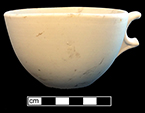 Handled cup. Unglazed bisque waster. Warped during firing. Rim diameter: 4.0”; Vessel height: 2.5”; 6.2 mm thick.