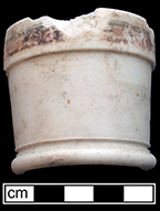 Condiment (mustard) jar. Unglazed bisque waster. Decal decorated. Rim diameter: 2.25”; Base diameter: 2.0”; Vessel height: 2.0”;  5.4 mm thick This pattern was associated with the Stacy Trent Hotel in Trenton, N. J. (opened 1921). (Hunter Research Poster)